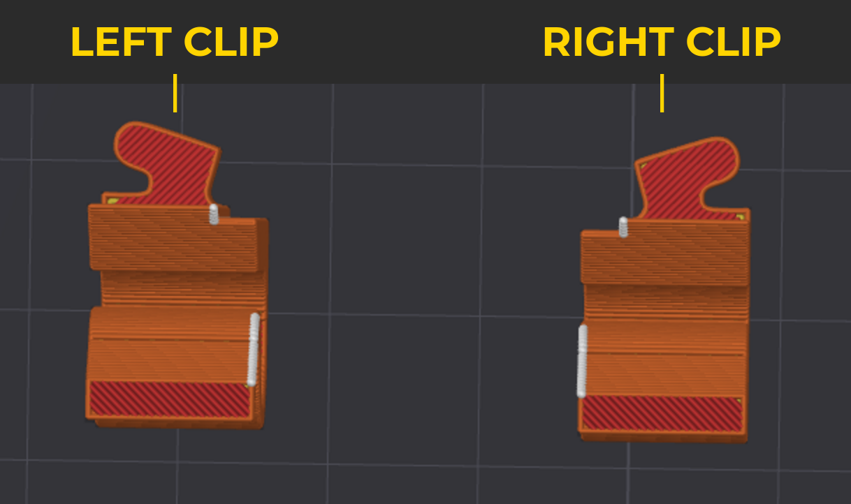 The two vertical pool cage light clips side by side, labelled left clip and right clip, seen from the front